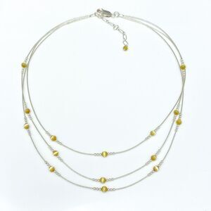 3-Strand Yellow Cat’s Eye Bead Necklace | Vintage Sterling Silver 925 | 17.5”
